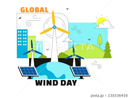 Global Wind Day Vector Illustration on June 15 With Wind Turbines And Solar Panels For Renewable Energy Concept, Clean Power and Environmental Design Global Wind Day Vector Illustration on June 15 With Wind Turbines And Solar Panels For Renewable Energy Concept, Clean Power and Environmental Design 138336450