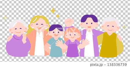 笑顔で肩を抱き合う家族三世代　家族の悩みが解決・仲良し・安心 138336739