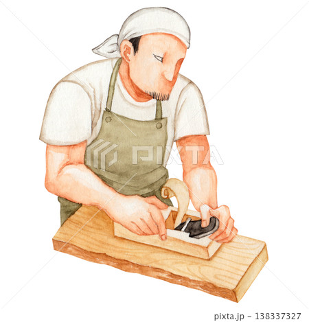 木工道具　カンナがけをする男性 人物　水彩 イラスト 138337327