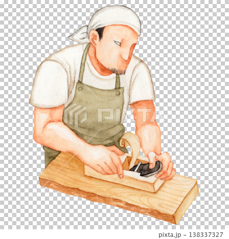 木工道具　カンナがけをする男性 人物　水彩 イラスト 138337327