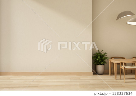 White wall on parquet floor with wooden table and chairs under lamps in dining or living room corner 138337634