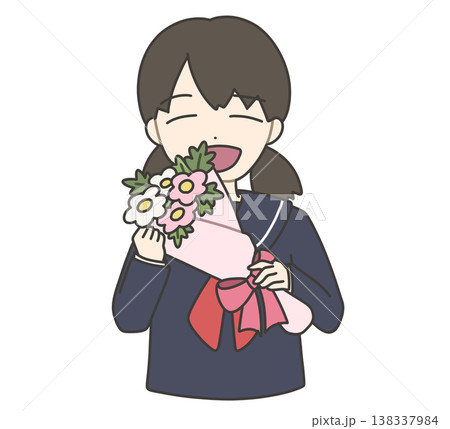 ピンクの花束を持って笑顔のセーラー服の女の子 138337984