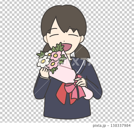 ピンクの花束を持って笑顔のセーラー服の女の子 138337984