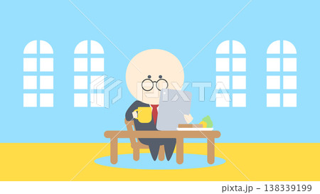ビジネスイメージイラスト_朝食を食べながらタブレットを見るメガネのビジネスマン ビジネスイメージイラスト_朝食を食べながらタブレットを見るメガネのビジネスマン 138339199