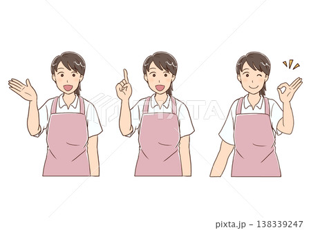 エプロン姿のさわやかな女性ヘルパー　ポーズセット 138339247