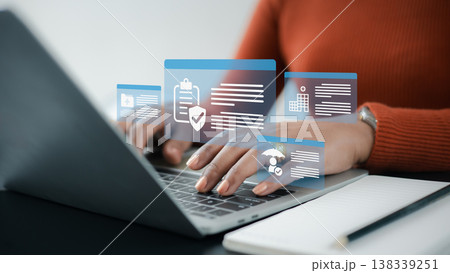Health insurance claims on laptop.Medical insurance coverage agreement.Digital insurance policy online.Future of digital insurance technology.Business woman working on insurance. 138339251