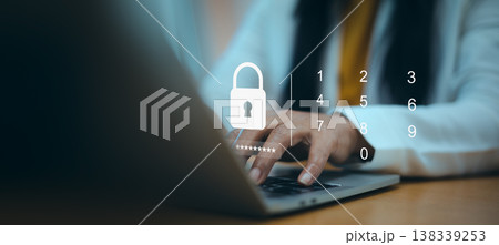 Cyber security and data privacy protection concept.Information technology safety and encrypted data access.Businesswoman entering password on laptop for secure login.digital pin code hologram. Cyber security and data privacy protection concept.Information technology safety and encrypted data access.Businesswoman entering password on laptop for secure login.digital pin code hologram. 138339253