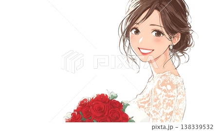 赤いバラのブーケを持つ笑顔のウェディングドレスの女性のイラスト 138339532