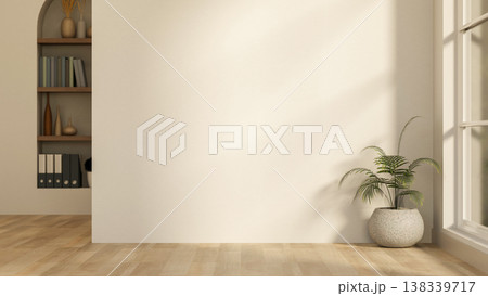 White wall with sunlight from window and recessed bookshelf over wooden parquet floor in empty room. 138339717