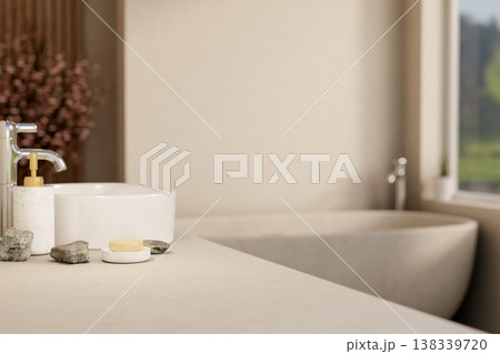 Pumping bottle and soap with mineral stone on ceramic sink counter across tub in the modern bathroom Pumping bottle and soap with mineral stone on ceramic sink counter across tub in the modern bathroom 138339720