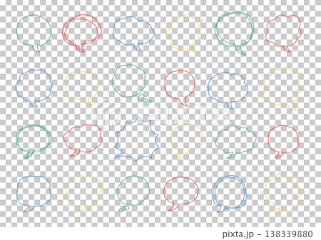 一組手繪的對話框，形狀各異，有簡單型、蓬鬆型和鋸齒型等，顏色鮮豔（背景透明）。 138339880