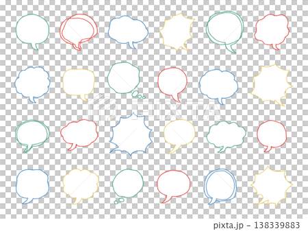 A set of hand-drawn speech bubbles in various shapes such as simple, fluffy, and jagged, in bright colors (with backgrounds). A set of hand-drawn speech bubbles in various shapes such as simple, fluffy, and jagged, in bright colors (with backgrounds). 138339883