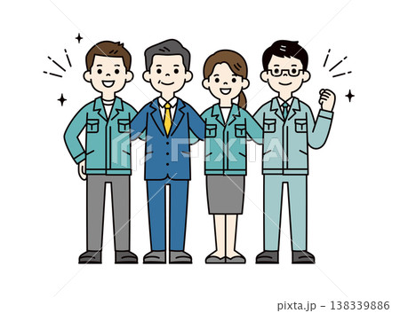 チームで肩を組む、工場の社長・経営者・作業員・従業員・事務員の全身ベクターイラスト素材 チームで肩を組む、工場の社長・経営者・作業員・従業員・事務員の全身ベクターイラスト素材 138339886