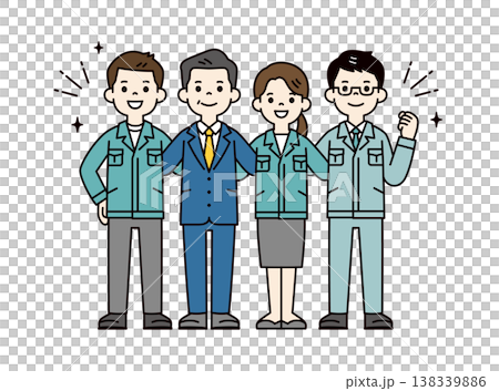 チームで肩を組む、工場の社長・経営者・作業員・従業員・事務員の全身ベクターイラスト素材 チームで肩を組む、工場の社長・経営者・作業員・従業員・事務員の全身ベクターイラスト素材 138339886