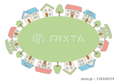 円になった地面とそこに立ち並んだ家のイラスト　街並み 138340254