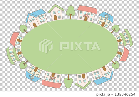 一幅圓形地面的插圖，上面排列著房屋，描繪了街景。 138340254