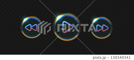 Glass button frame with play liquid ios and player holographic 3d. Effect music abstract with white glass blur and green ui shape. Light background glass with transparent round play and button. 138340341