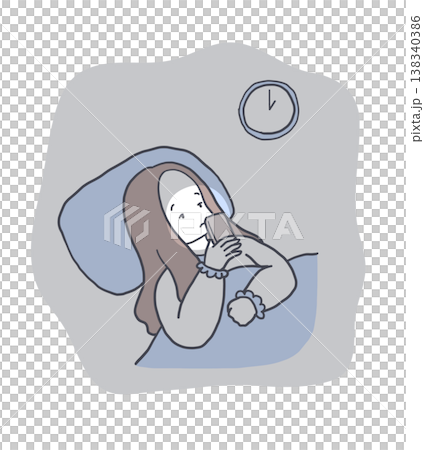 Illustration of a woman who can't sleep because she's using her smartphone in the middle of the night before going to bed. Illustration of a woman who can't sleep because she's using her smartphone in the middle of the night before going to bed. 138340386