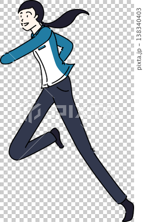 An illustration of a woman in work clothes running; blue uniform. An illustration of a woman in work clothes running; blue uniform. 138340403