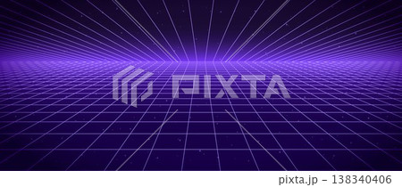 Purple glow neon wireframe background. Dark shining checkered grid floor plane in perspective. Bright retro futuristic horizon wallpaper. Arcade game sci fi matrix landscape surface. Vector backdrop 138340406