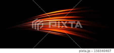 Red light trail element. Glowing neon speed line wave. Hot fire color luminous curved path concept. Abstract bent dynamic motion stripes. Bright fiery streaks for poster, banner, flyer. Vector 138340407