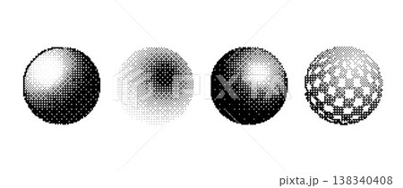 Pixel sphere shape set. Bitmap 3D globe form collection. Dither circle element pack for graphic design, banner, poster, leaflet. Rasterized effect halftone ball pack. Vector trend Y2K geometric bundle Pixel sphere shape set. Bitmap 3D globe form collection. Dither circle element pack for graphic design, banner, poster, leaflet. Rasterized effect halftone ball pack. Vector trend Y2K geometric bundle 138340408