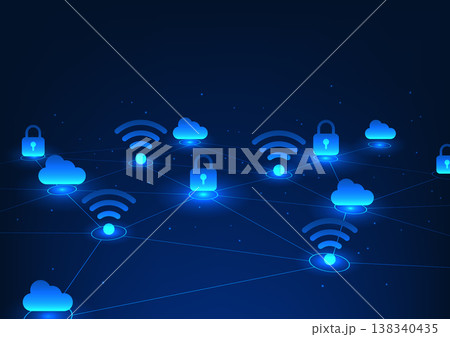 Technology background, connected geometric lines With WiFi icon and lock It represents the transmission of high-tech digital data in a secure network. Blue background, vector illustration Technology background, connected geometric lines With WiFi icon and lock It represents the transmission of high-tech digital data in a secure network. Blue background, vector illustration 138340435