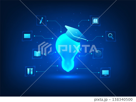 Modern educational technology Light bulb and degree cap connected icon It represents modern education, finding ideas, combining with technology. online learning 138340500