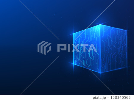 Cube background technology with technology circuits surrounding a square box showing the processing of technology. Illustration, vector, poster. Cube background technology with technology circuits surrounding a square box showing the processing of technology. Illustration, vector, poster. 138340563