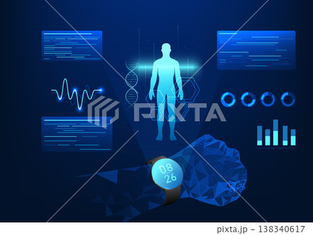 Smart watch technology, is a wristwatch that projects a hologram of body data, heart rate, and has a function to measure walking distance, sleep, and can be used as basic information for treatment. 138340617