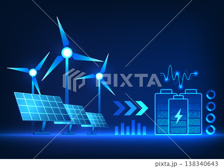 Battery technology that uses clean, natural energy to charge the environment does not harm the environment. With windmill and solar cells connected to batteries as backup power. 138340643