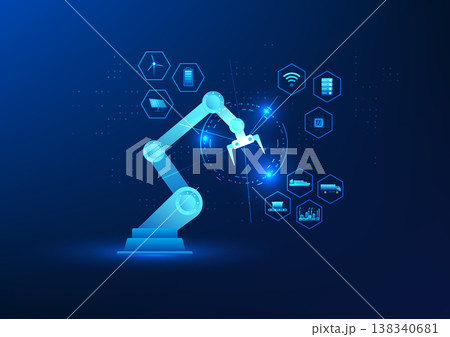 Industrial Technology, Robotic Arm with Industrial Icon in Hexagon Shape, Represents Advances in Manufacturing and Automation Technology, Ideal for Presentations on Robotics and Industry 4.0. Industrial Technology, Robotic Arm with Industrial Icon in Hexagon Shape, Represents Advances in Manufacturing and Automation Technology, Ideal for Presentations on Robotics and Industry 4.0. 138340681