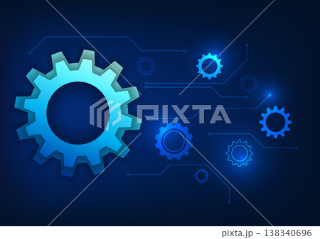 Technology background of drive, large gears connected to small gears through circuit lines, representing the collaboration and innovation in complex mechanical systems. 138340696