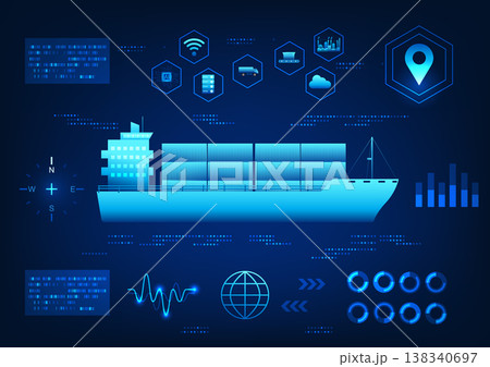 Screen displays a ship using AI technology with surrounding elements about transportation innovation, conveying the development in the transportation and logistics industry, suitable for technology 138340697
