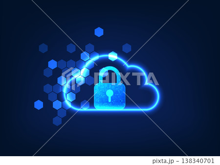 Cloud technology background inside is a lock with elements, showing the storage of data in a secure cloud system, data is stored through the internet network. 138340701