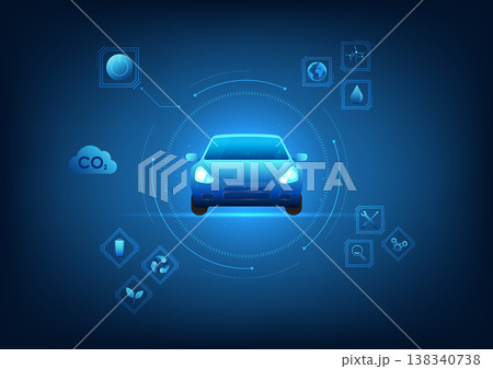 Eco car technology background is a technology that saves energy resources and reduces carbon dioxide emissions. It is a cheap car with a technology circle and energy icons. 138340738
