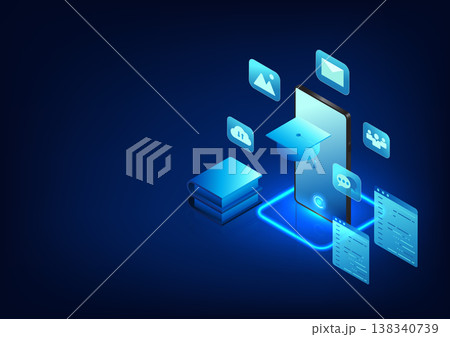 Education Technology Background, Smartphone with Graduation Cap on Top with Document, Conveys the Use of Technology in Education and Skill Development, Suitable for Learning and Educational Innovation 138340739