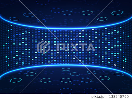 Metaverse technology background, curves combined with three-dimensionally arranged squares, signifies entering a virtual world that uses entertainment. 138340790
