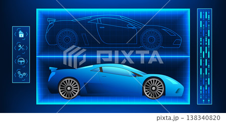 Digital Twin of a supercar represents the development of vehicle innovation, performance analysis and tuning through virtual reality for maximum performance in a world of speed and technology. 138340820