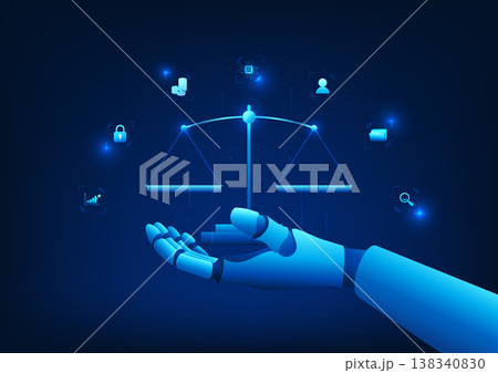 LegalTech Robotic hand holding a scale of justice, symbolizing the integration of AI with modern law, which helps in thinking, judging and protecting human rights, a symbol of modern justice. 138340830