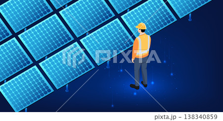 Engineer standing outdoors inspecting solar panels with clipboard, symbolizing clean energy technology, green power solutions, and sustainable energy development Engineer standing outdoors inspecting solar panels with clipboard, symbolizing clean energy technology, green power solutions, and sustainable energy development 138340859