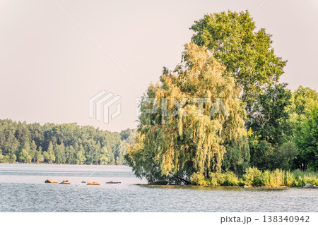 Blue lake with cloudy sky, natural background 138340942