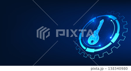 Digital key inside a gear, symbolizing cybersecurity, automated system protection, and secure technology operations 138340980