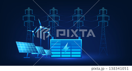Future energy storage concept illustration, large battery storing electricity from solar panels and high voltage power towers, symbolizing renewable energy, smart grid, and sustainable technology Future energy storage concept illustration, large battery storing electricity from solar panels and high voltage power towers, symbolizing renewable energy, smart grid, and sustainable technology 138341051