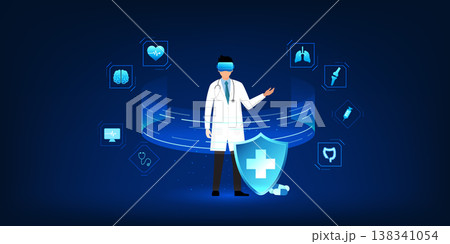 Modern medical technology illustration, doctor wearing VR headset analyzing patient data hologram, futuristic healthcare innovation, digital diagnosis and treatment concept. 138341054