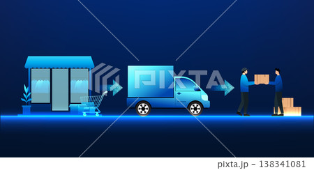 Electronic Commerce logistics industry illustration showing online store, delivery truck, and courier using digital technology for online shopping and smart delivery management Electronic Commerce logistics industry illustration showing online store, delivery truck, and courier using digital technology for online shopping and smart delivery management 138341081