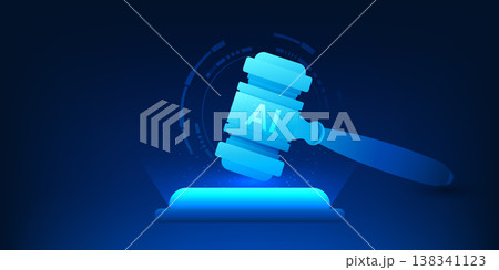 AI Technology Justice Concept, Artificial Intelligence Supporting Fair Court Decision, Smart Law System Without Human Bias, justice hammer with AI chip,Judicial Technology, Future Law 138341123