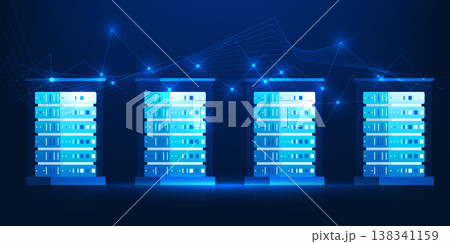 Data Center Technology Background with Server Racks and Water Cooling System, High Performance Data Storage, Network Infrastructure, Cloud Computing, Secure Data Processing, Energy Efficient Cooling 138341159