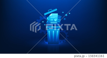 Digital Data Delete Technology Background, Trash Bin with Error Document Files, Data Loss and System Failure, Corrupted Files Cleanup, Cyber System Error, Information Management, Storage Problem Digital Data Delete Technology Background, Trash Bin with Error Document Files, Data Loss and System Failure, Corrupted Files Cleanup, Cyber System Error, Information Management, Storage Problem 138341161