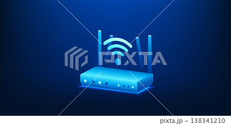 Wireless Router with WiFi Signal Emitting Waves for Internet Network Connection, Modern Networking Technology, High Speed Wireless Communication, Home and Office Internet Infrastructure 138341210